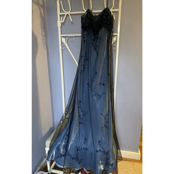 Vintage Fairy Ghotic Whimsical Prom Blue Long Dress With Black Net Medium Beaded - Picture 6 of 10